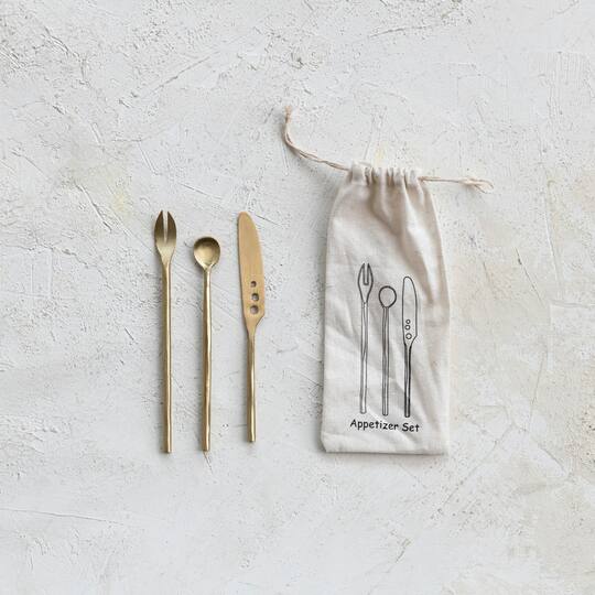 Hello Honey® 6" Brass Appetizer Cutlery Kitchen Set with Printed Drawstring Bag